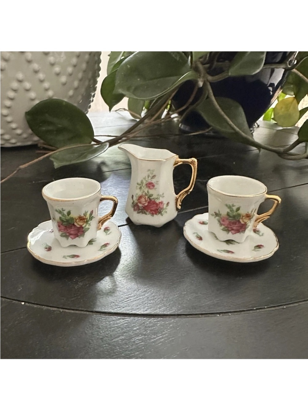 Vintage Floral Mini Porcelain Tea Set with Gold Trim Trinket Set